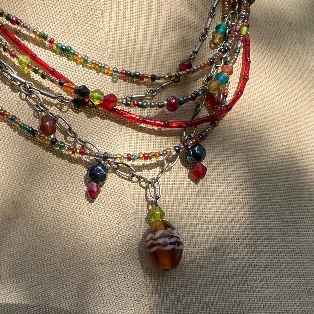 Chico's Multistrand Beaded Necklace in Red, Green, Yellow, Gold, Brown